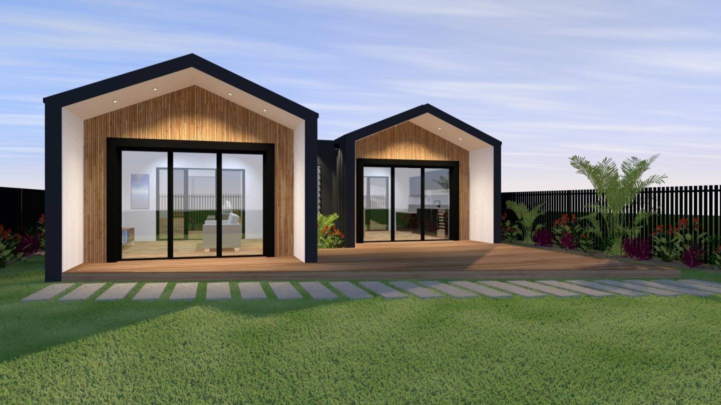 3d render of HOMElife Pods modern barn retreat design.
