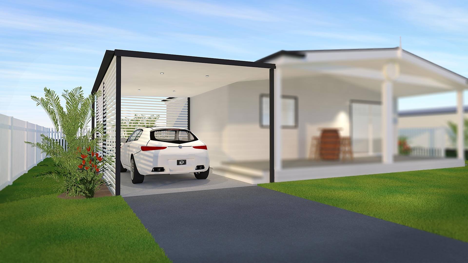 3d render of HOMElife Pods carport and patio design.