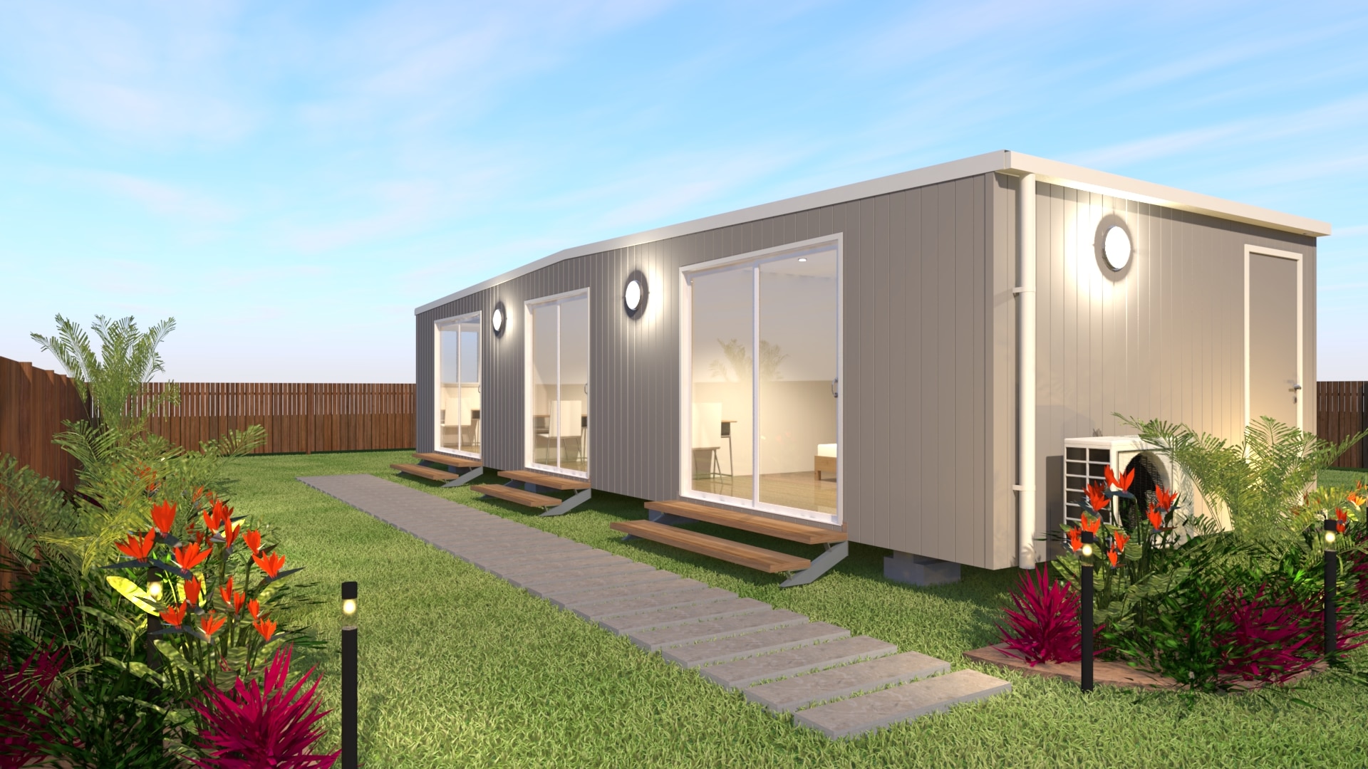 3d render of HOMElife Pods Classic Modern Light facade with James Hardie Axon cladding.