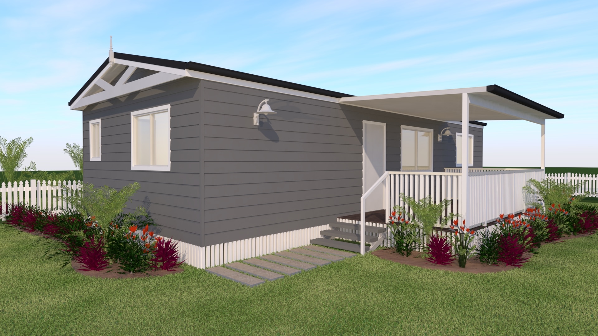 3d render of HOMElife Pods modular cabin 8 with side entrance and decking.