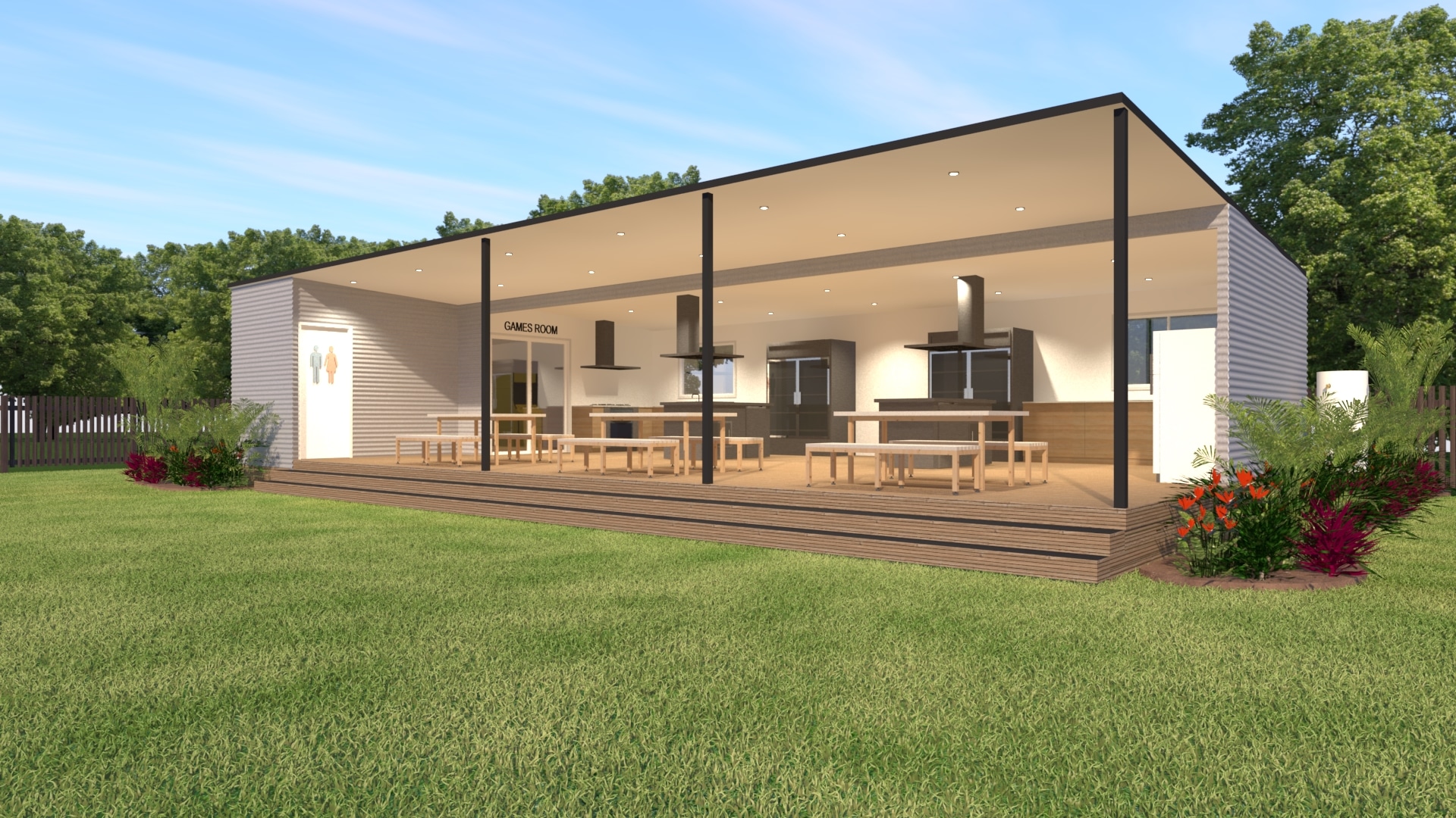 3d render of HOMElife Pods commercial building design 4 showing an outdoor open living area.