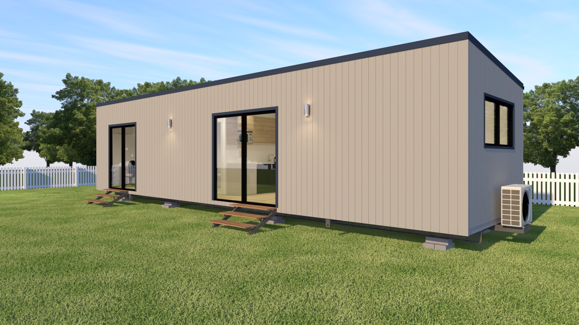 3d render of HOMElife Pods Classic Modern Natural facade with James Hardie Axon cladding.