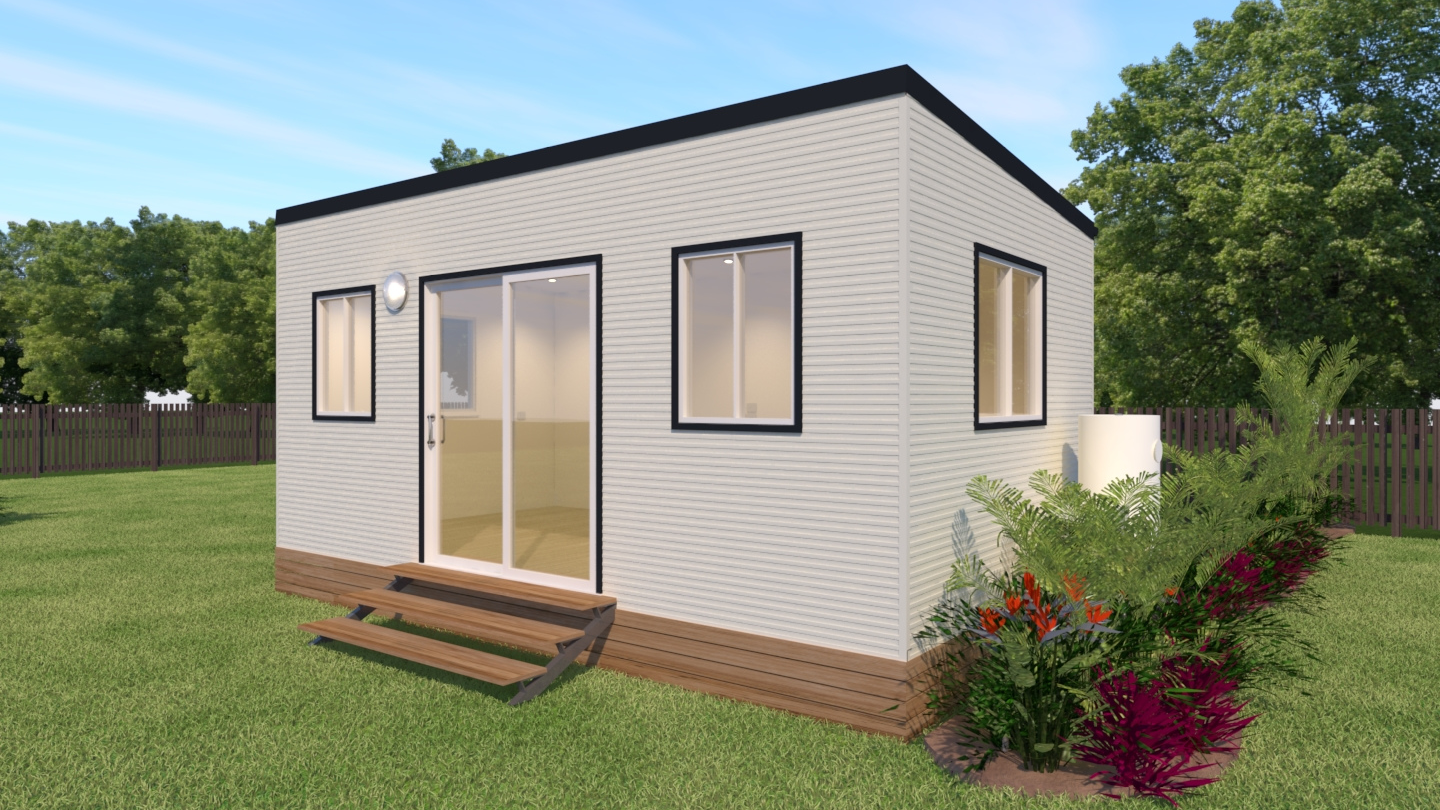 3d render of HOMElife Pods Side Skillion facade with Colorbond Panelrib cladding.