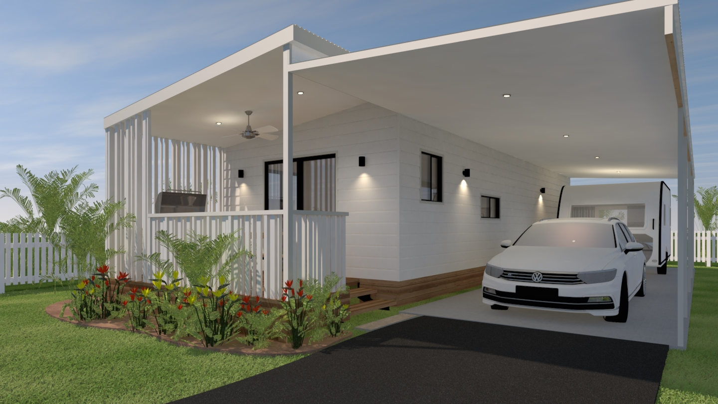 3d render of HOMElife Pods lifetsyle 1 side entry design with carport.
