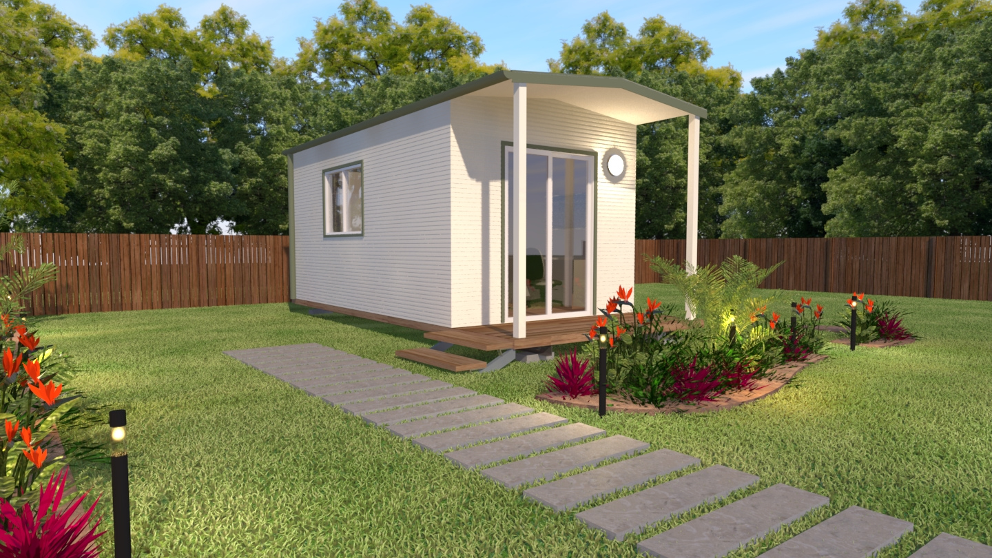 3d render of HOMElife Pods Studio 1 facade for a modular build.