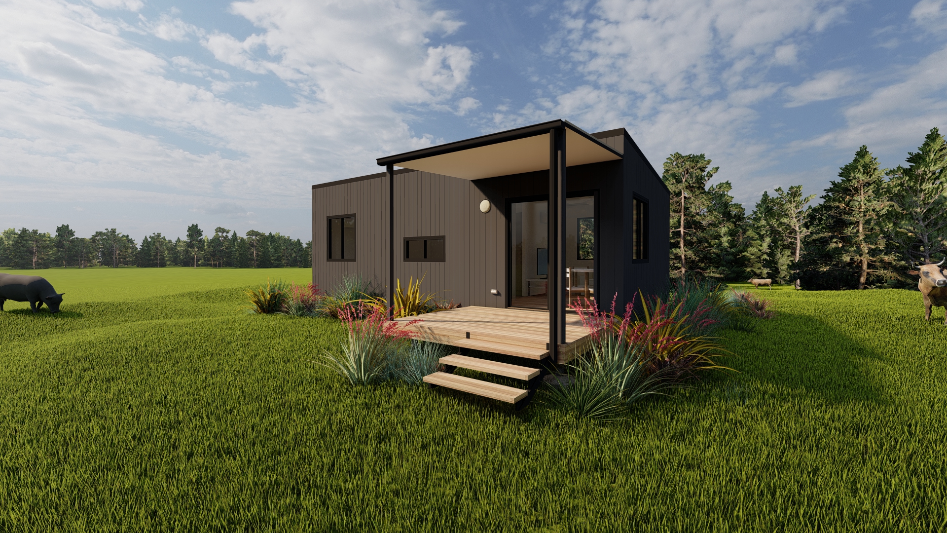 3d render of studio 3 with deck featuring james hardie axon cladding